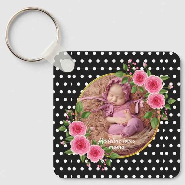 Custom Photo Black White Polka Dot Mother’s Day  Key Ring (Front)