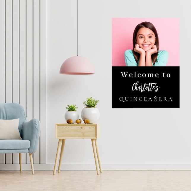 Custom photo black white Quinceanera party welcome Poster (Creator Uploaded)