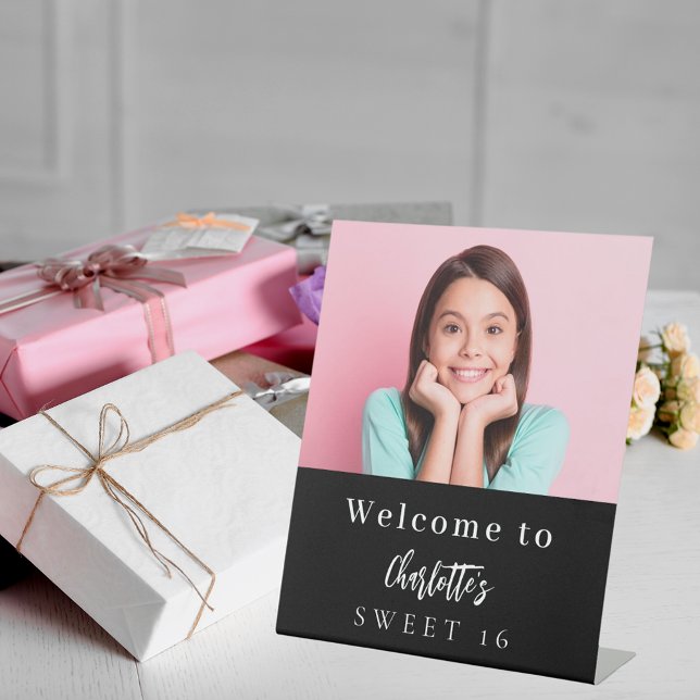 Custom photo black white Sweet 16 party welcome Pedestal Sign (Creator Uploaded)