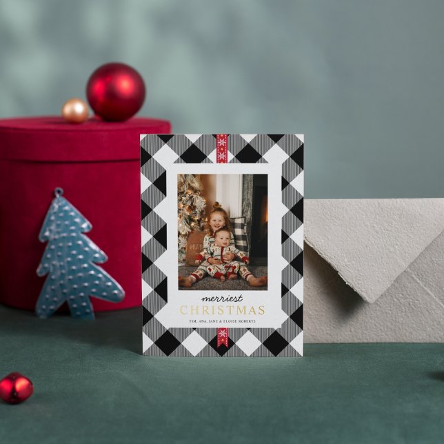 Custom Photo Black White Tartan Plaid Xmas Foil Holiday Card (Creator Uploaded)