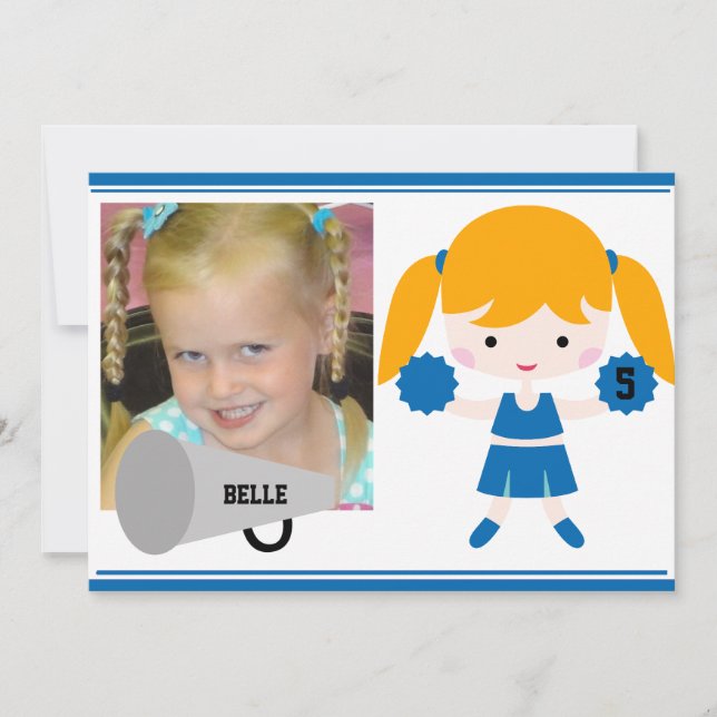 Custom Photo Blue Cheerleader Birthday Invite (Front)