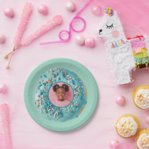 Custom Photo Blue Doughnut Sprinkles Birthday Part Paper Plate