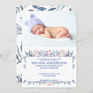 Custom Photo Blue Floral Baptism Invitation