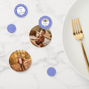Custom Photo Blue Gingham Balloons Birthday Confetti