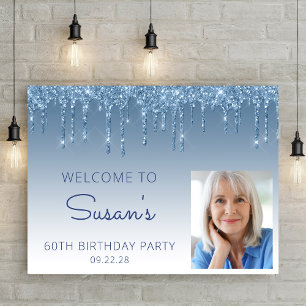 Custom Photo Blue Glitter 60th Birthday Welcome Poster