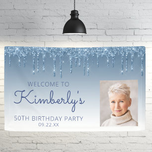 Custom Photo Blue Glitter Drip 50th Birthday Banner