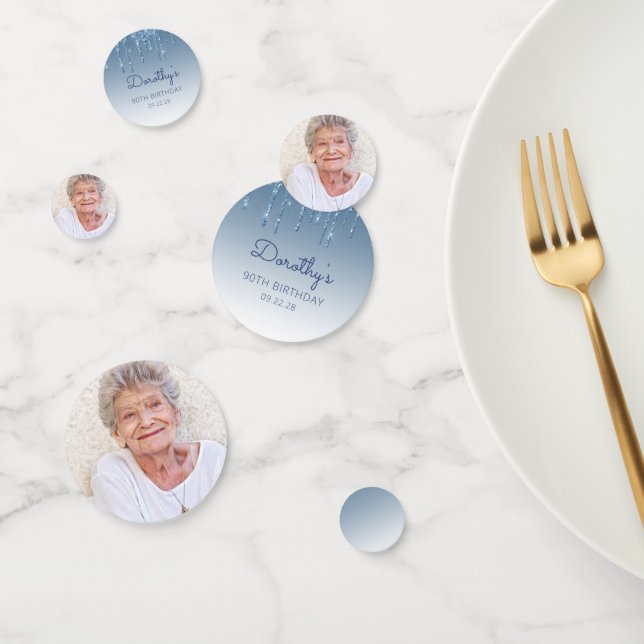 Custom Photo Blue Glitter Drip 90th Birthday Confetti (Group)