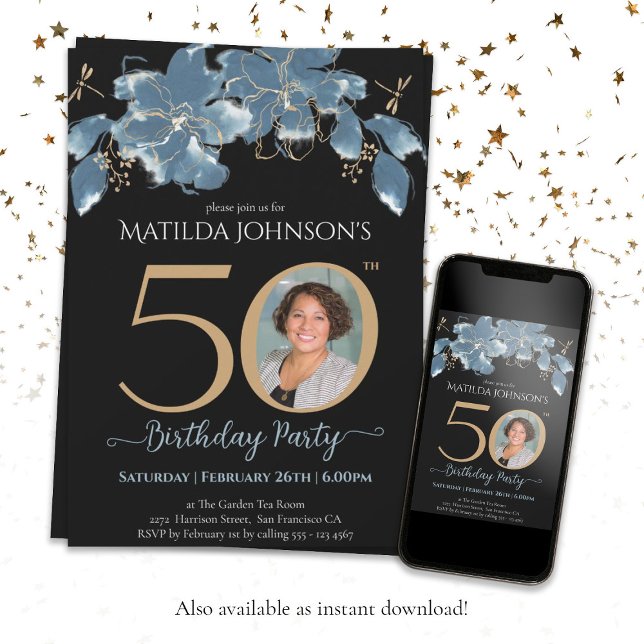 Custom Photo Blue Gold Floral 50th Birthday Invitation (Black 50th Birthday Blue Gold Floral Custom Photo Invitation)