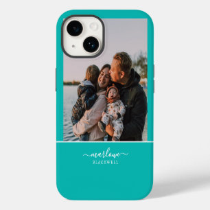 Custom Photo Blue Green Calligraphy Name iPhone 14 Case