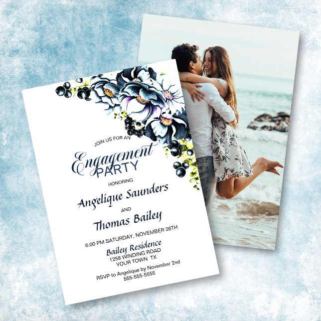Custom Photo Blue Grey Floral Engagement Party Invitation (Creator Uploaded)
