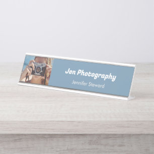Custom photo blue photographer  desk name plate
