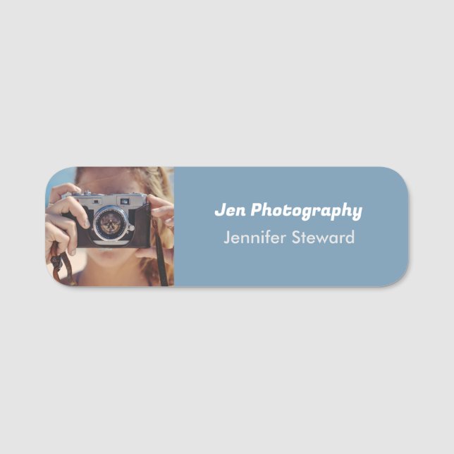 Custom photo blue photographer  name tag (Front)