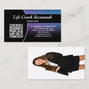 Custom Photo Blue Purple Glitter QR Professional Business Card