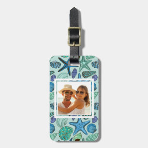 Custom Photo Blue Seashells & Starfish Pattern Luggage Tag