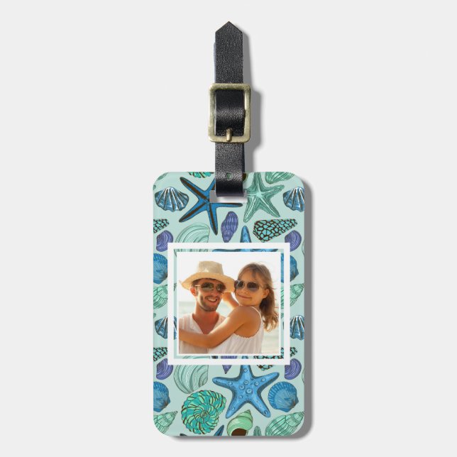 Custom Photo Blue Seashells & Starfish Pattern Luggage Tag (Front Vertical)