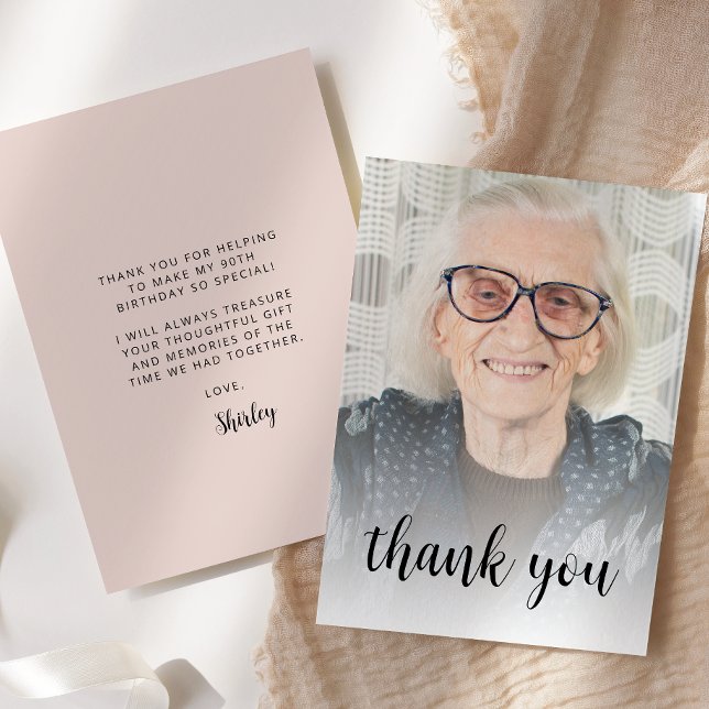 Custom Photo Blush Pink 90th Birthday Party Thank You Card (Creator Uploaded)