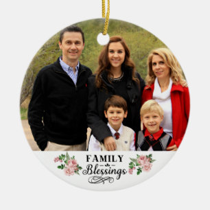 Custom Photo / Blush Pink Floral Family Blessings Ceramic Ornament