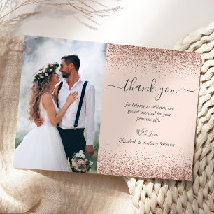 Custom Photo Blush Pink Rose Gold Glitter Wedding Thank You Card