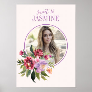 Custom Photo Blush Pink Watercolor Floral Birthday Poster