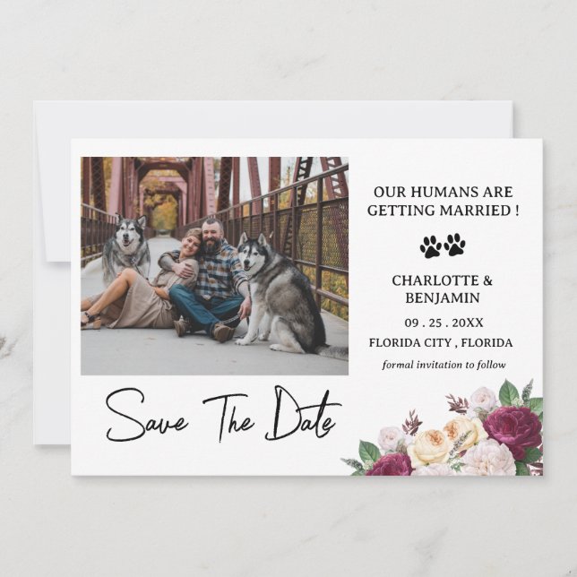 Custom Photo Burgundy Floral Dog Theme Save The Date (Front)