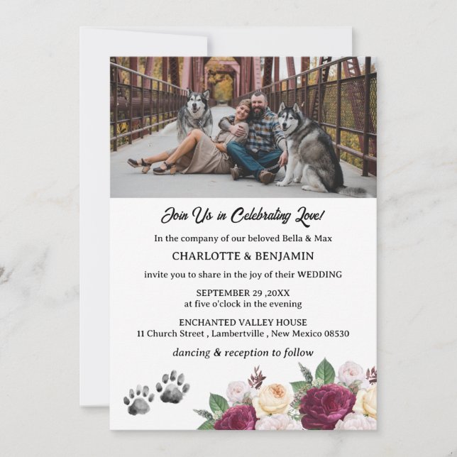 Custom Photo Burgundy Floral Dog Theme Wedding Invitation (Front)