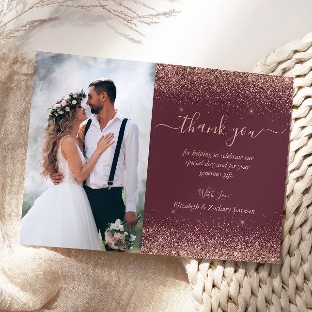 Custom Photo Burgundy Rose Gold Glitter Wedding Thank You Card (Creator Uploaded)