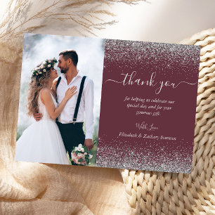 Custom Photo Burgundy Silver Glitter Wedding Thank You Card