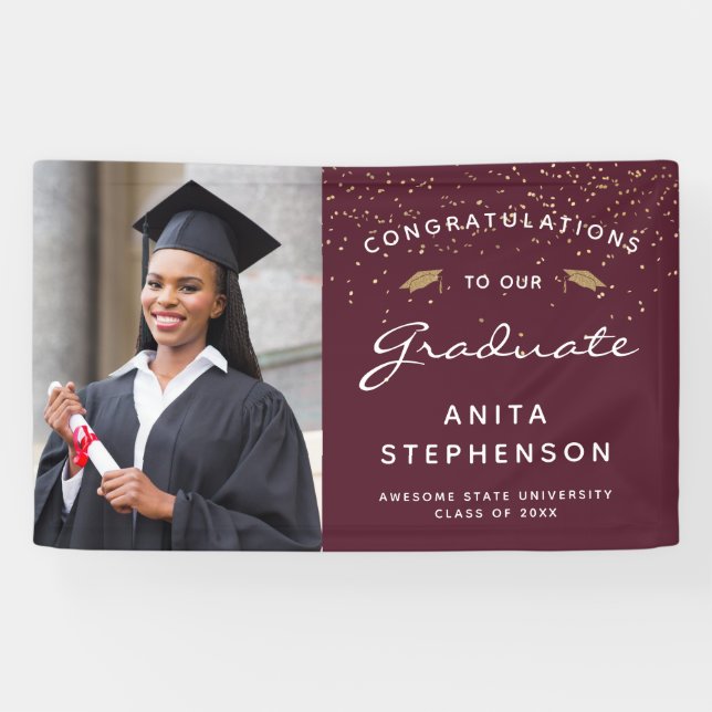 Custom Photo Burgundy White Script Gold Graduation Banner (Horizontal)