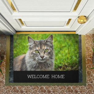Custom Photo cat kitty welcome home black Doormat