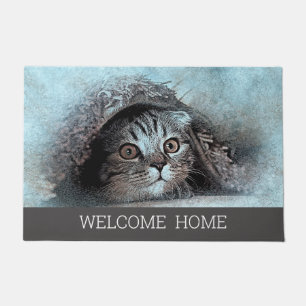 Custom Photo cat kitty welcome home grey Doormat