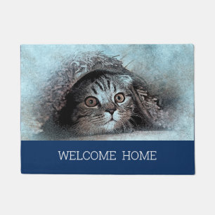 Custom Photo cat kitty welcome home navy blue  Doormat