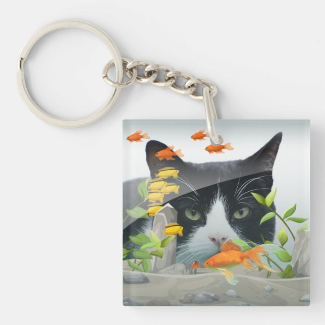 Custom Photo Cat Peering in Fish Tank Key Ring (Front)