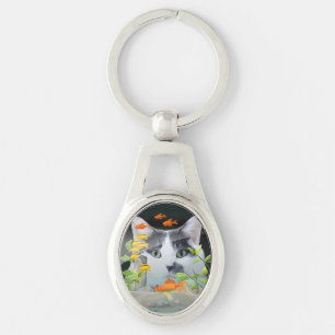 Custom Photo Cat Peering in Fish Tank Key Ring