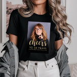 Custom Photo Cheers 40th Birthday Party<br><div class="desc">This 40th birthday party t-shirt features the guest of honour's photo with a gold-coloured text overlay. The word "cheers" appears in elegant gold-coloured calligraphy script, followed by "to 40 years" and the guest of honour's name and birthday in sans serif font. A dark screen helps make the text pop. A...</div>