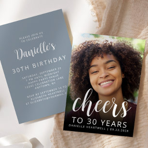 Custom Photo Cheers Dusty Blue 30th Birthday Party Invitation