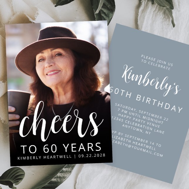 Custom Photo Cheers Dusty Blue 60th Birthday Party Invitation (Creator Uploaded)