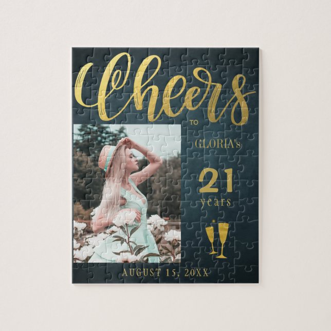 Custom photo Cheers to 21 years birthday gift navy Jigsaw Puzzle (Vertical)