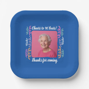 Custom Photo Cheers to 90 Years Birthday Streamers Paper Plate
