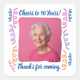 Custom Photo Cheers to 90 Years Birthday Streamers Square Sticker