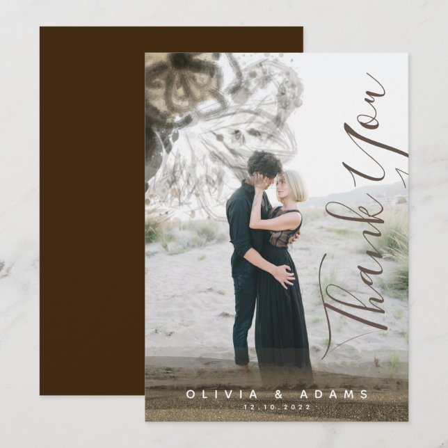 Custom Photo Chic Gold Floral Abstract Wedding Thank You Card (Front/Back)