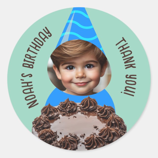 Custom Photo Chocolate Cake Birthday Party Hat Classic Round Sticker (Front)