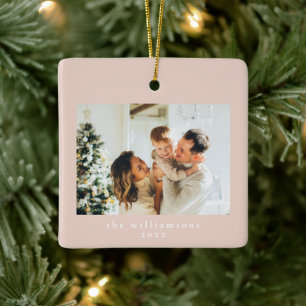 Custom Photo Christmas Blush Pink Simple Family Ceramic Ornament