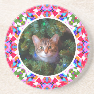 Custom Photo Christmas Cat Mom Mom Dad Colorful Coaster