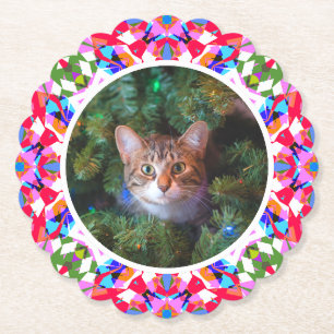 Custom Photo Christmas Cat Mom Mom Dad Colorful Paper Coaster