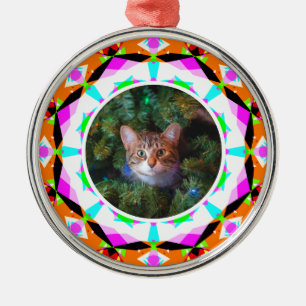 Custom Photo Christmas Cat Mom Mum Dad Orange Pink Metal Ornament