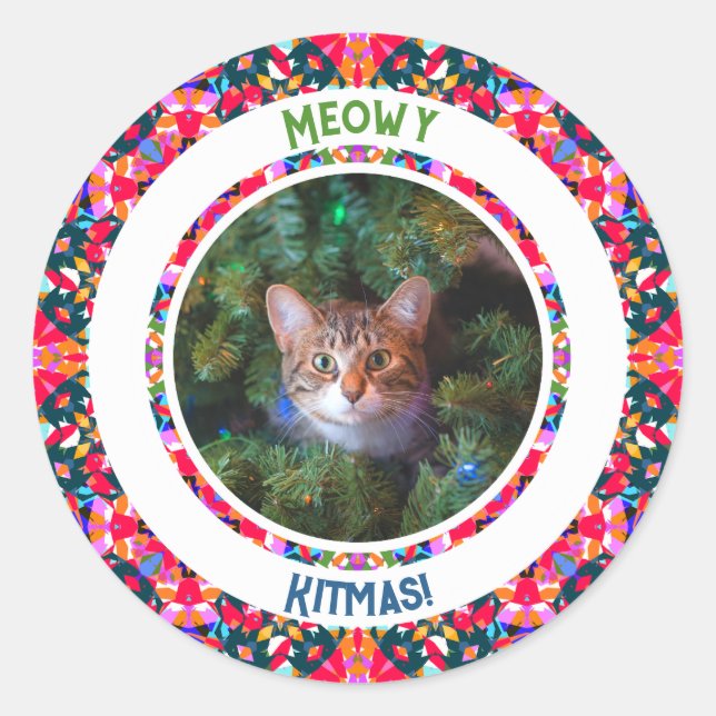 Custom Photo Christmas Cat Mum Mum Colourful Gift Classic Round Sticker (Front)