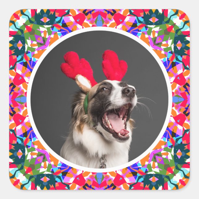 Custom Photo Christmas Dog Mom Dad Scrapbook Square Sticker (Front)