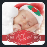 Custom Photo Christmas Gift - Square Sticker<br><div class="desc">Custom Photo Christmas gift. Add any of your photos. Click Personalise More and adjust as needed to line up the photo with the borders. Perfect for the baby's First Christmas!</div>