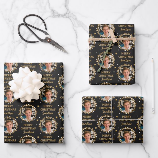 Custom Photo Christmas Gift Wrap Black Gold (Front)
