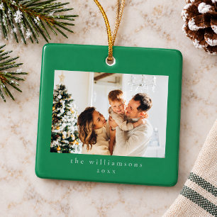 Custom Photo Christmas Green Blue Simple Family Ceramic Ornament